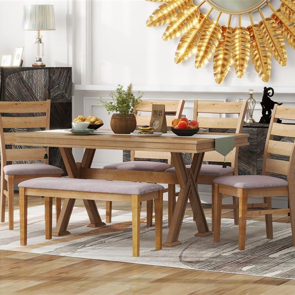 6-Piece Retro 59"L Rectangular Dining Table Set, Table with Unique Legs and 4 Upholstered Chairs & 1 Bench for Dining Room and Kitchen (Natural Wood Wash)