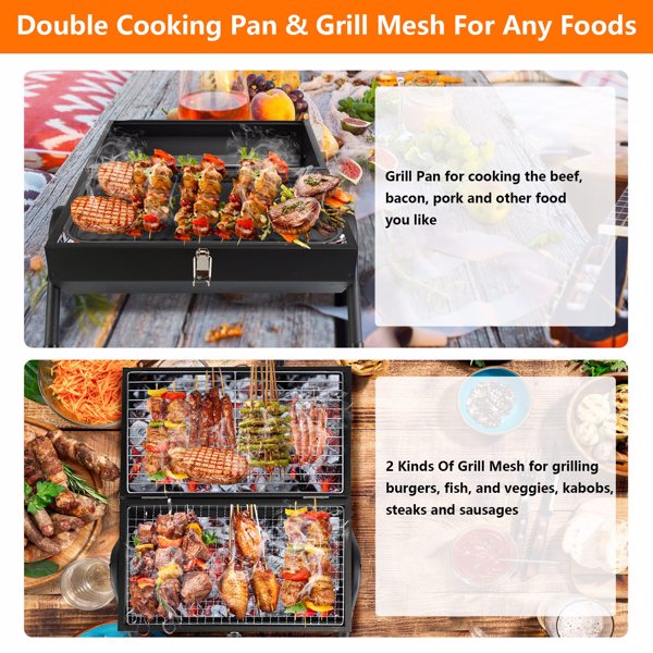 Portable Charcoal Grill Two Side Small BBQ Grill Folding Outdoor Stove Barbecue Smoker with 1Pc Grill Pan 2Pcs Grill Mesh