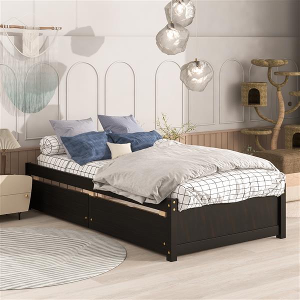 Twin Bed with 2 Drawers, Solid Wood, No Box Spring Needed ,Espress