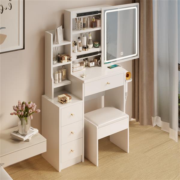 Small Space Left Bedside Cabinet Vanity Table + Cushioned Stool, 2 AC+2 USB Power Station, Hair dryer bracket, Extra Large Touch Control Sliding LED Mirror, Tri-color Switching, Brightness Adjustable