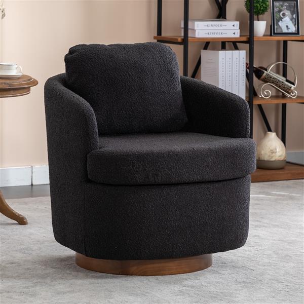 035-Boucle Fabric Swivel Chair With Soild Wood Round Brown Base Leg,Black