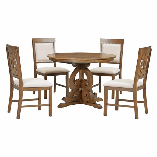 5-Piece Retro Functional Dining Set, 1 Extendable Table with a 16-inch Leaf and 4 Upholstered Chairs for Dining Room and Kitchen (Walnut)