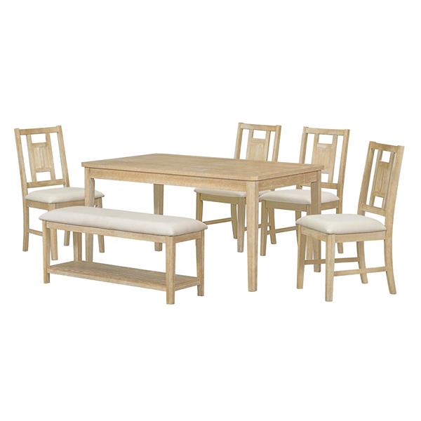 6-piece Retro Dining Set, Minimalist Dining Table and 4 upholstered chairs & 1 bench with a shelf for Dining Room(Natural Wood Wash)