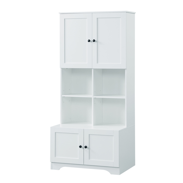 Tall and Wide Bathroom Floor Storage Cabinet, Bathroom Storage Unit, Freestanding Cabinet with 4 Doors, Adjustable Shelves, Open multi-layer Shelves, White 