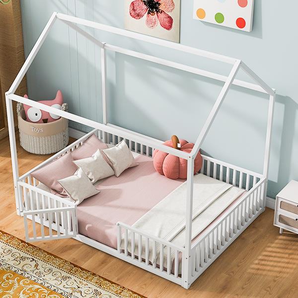 Full Size Metal House Bed with Fence and Door, White