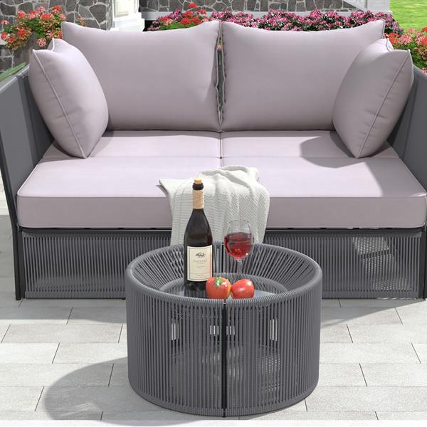 2-Piece Outdoor Sunbed and Coffee Table Set, Patio Double Chaise Lounger Loveseat Daybed with Clear Tempered Glass Table for the patio, poolside (Grey Cushion + Dark Grey Rope)