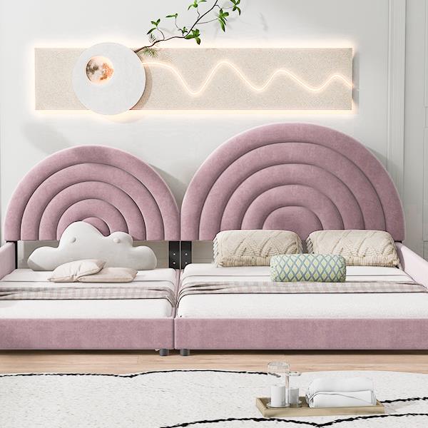 Twin+Full Upholstered Platform Bed Set with Semicircular Headboard, Pink