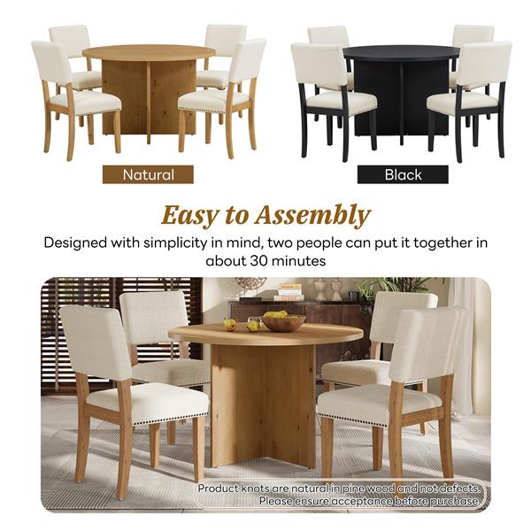 Modern 5-Piece Round Dining Table Set Pedestal Kitchen Table Set with 4 Upholstered Dining Chairs for Studio, Apartment, Small Places, Natural