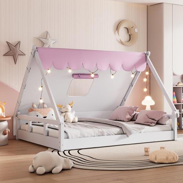 Wooden Full Size Tent Bed with Fabric for Kids,Platform Bed with Fence and Roof, White+Pink