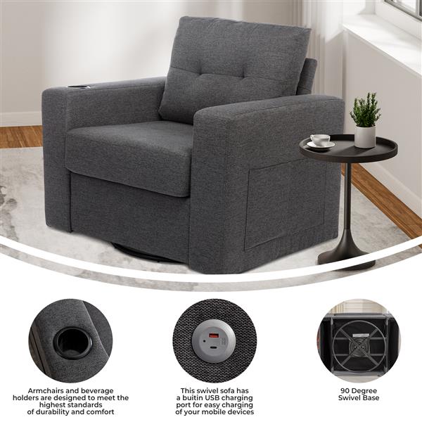 Modern Swivel Accent Sofa Chair, Ernomic Casual 90 Degree Swivel Single Sofa Seat with Drink Holder Living Room Chair ,Soft Egyptian Velvet Sofa Chair (Grey)