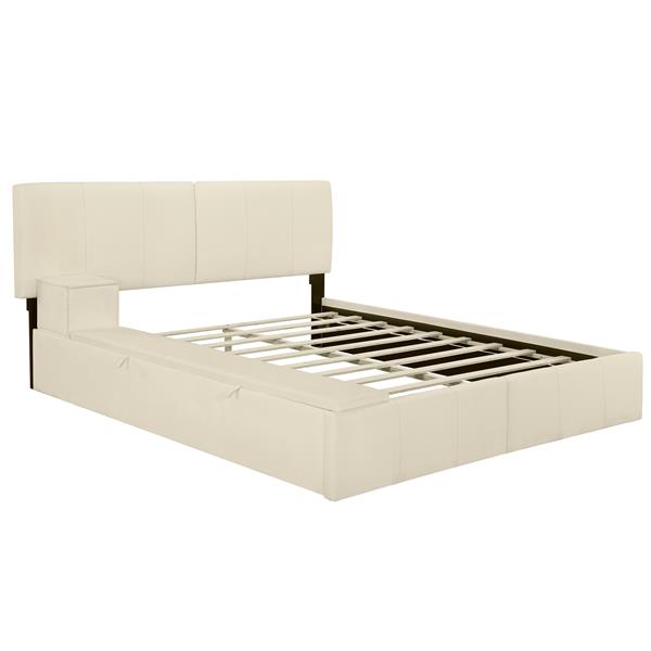 Queen Size Upholstered Platform Bed with Lateral Storage Compartments and Thick Fabric, Velvet, Beige