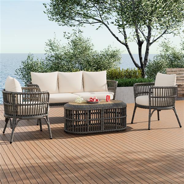 4-Piece Rattan Outdoor Patio Conversation Set with Seating Set for 5 and Coffee Table for Porch, Backyard and Garden (Grey)