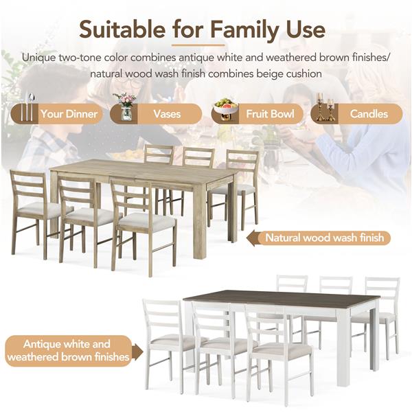 7-Piece Wooden Dining Table Set Mutifunctional Extendable Table with 12" Leaf and 2 Drawers, 6 Dining Chairs with Soft Cushion (Brown + White)