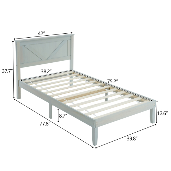 Twin Size Solid Wood Platform Bed Frame with Headboard Gray Wash