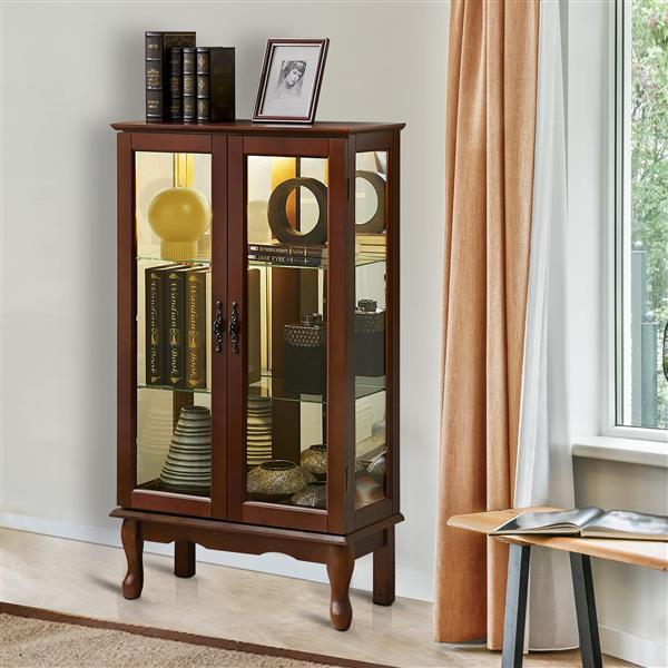 Curio Cabinet Lighted Curio Diapaly Cabinet with Adjustable Shelves and Mirrored Back Panel, Tempered Glass Doors (Walnut, 3 Tier), (E26 light bulb not included)