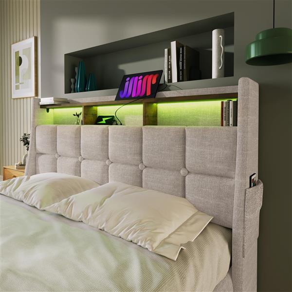 Full size Upholstered Platform bed with a Hydraulic Storage System, LED and USB Charging, Natural (without mattress)