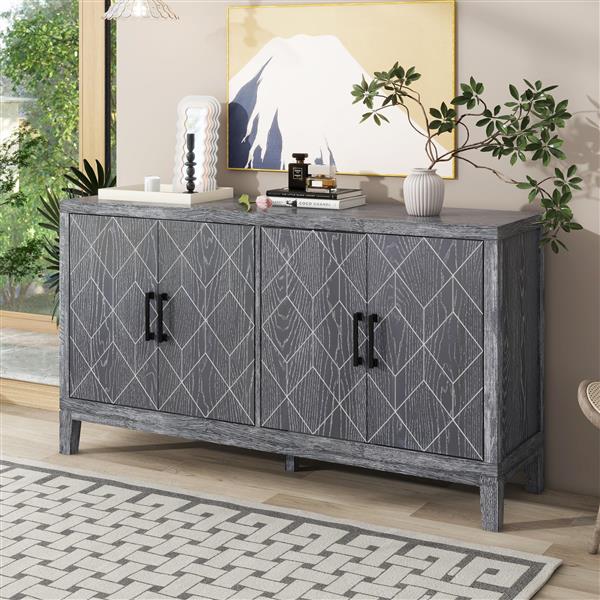 4-door Retro Sideboard with Adjustable Shelves, Two Large Cabinet with Long Handle, for Living Room and Dining Room (Light Gray)