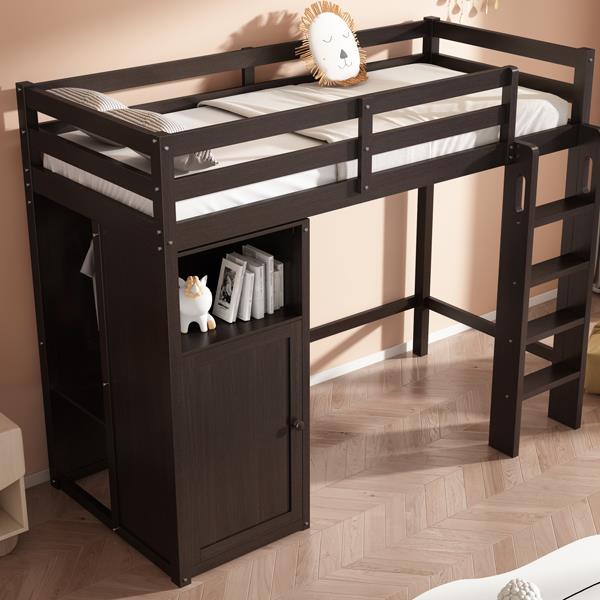 Twin Loft Bed with Wardrobe, Storage Shelves and Ladder, Espresso