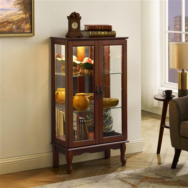 Curio Cabinet Lighted Curio Diapaly Cabinet with Adjustable Shelves and Mirrored Back Panel, Tempered Glass Doors (Walnut, 3 Tier), (E26 light bulb not included)