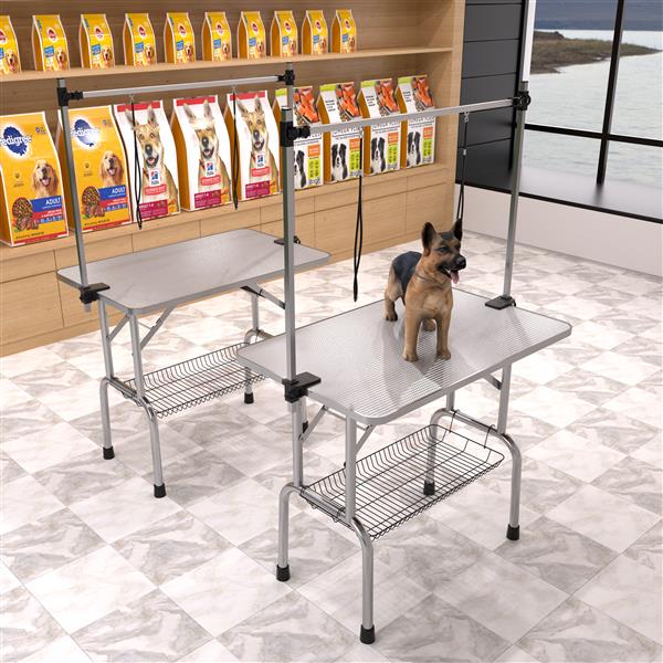 42" Folding Dog Pet Grooming Table Stainless Steel Frame Rubber Mat on Board with Adjustable Arm and Clamps pet dog Cat Grooming Table (SILVER-GRAY COLOR)