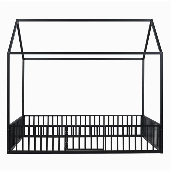 Full Size Metal House Bed with Fence and Door, Black