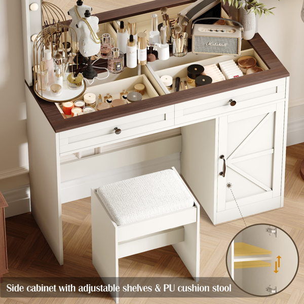 43.4"Makeup Vanity Table, Makeup Table with Large Mirror and 11 LED Light , Brightness Adjustable, Dressing Table Desk with 3 Drawers, Vanity Desk for Women(White with Stool) 