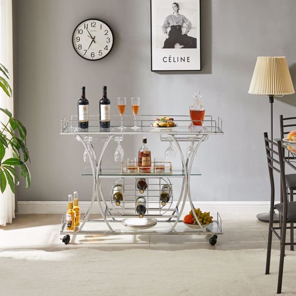 Electroplated Glass Bar Cart, With Wine Rack And Glass Holder, For Kitchen, Serving, Hotel  Silver