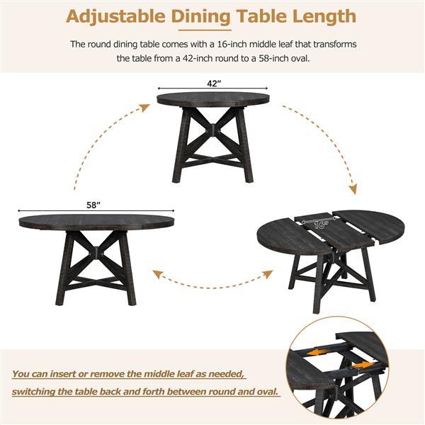 5-Piece Retro Functional Dining Set with Extendable Round Table with Removable Middle Leaf and 4 Upholstered Chairs for Dining Room and Living Room (Black)