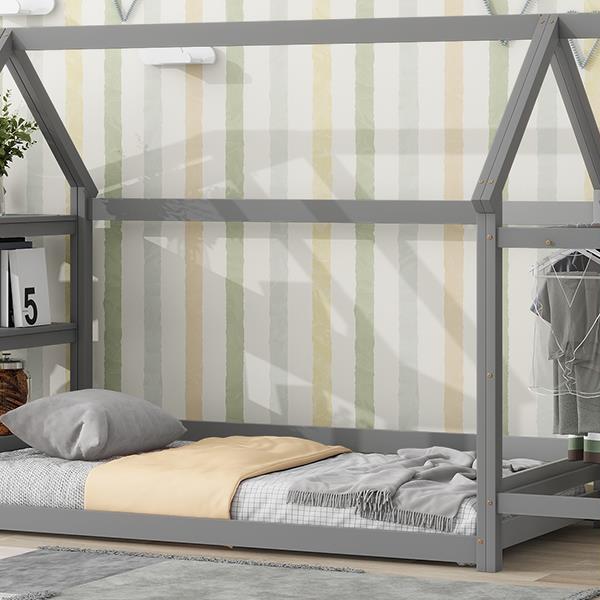 Twin size wood house bed with storage shelf and hanger ,kids bedroom set,Grey