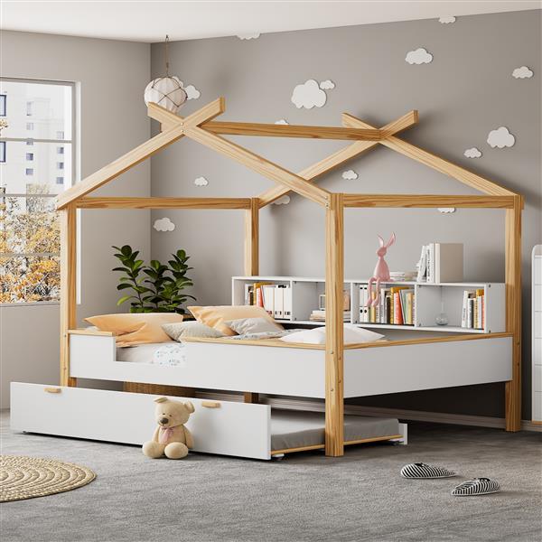 White Full Size Wooden House Bed with Original Wood Colored Frame Twin Size Trundle and Bookshelf Storage Space for Children or Guest Room