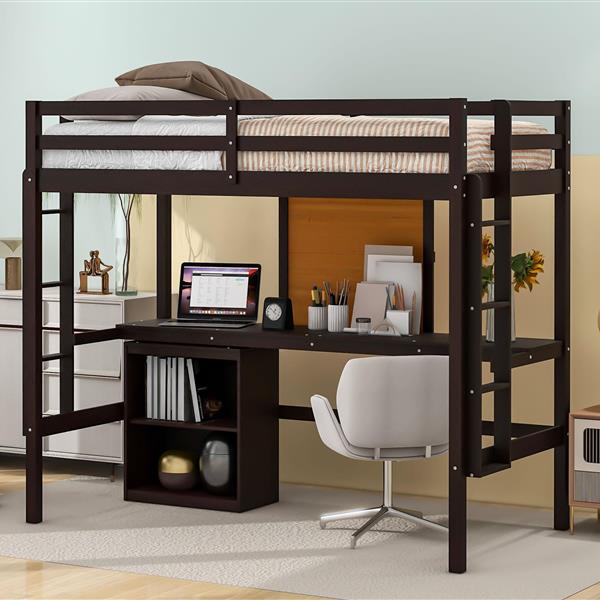 Twin size Loft Bed with Desk and Writing Board, Wooden Loft Bed with Desk & 2 Drawers Cabinet- Espresso