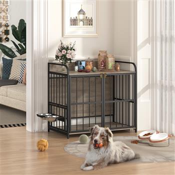 39\\'\\' Indoor Metal Dog Crate with Double Doors, Wooden Side End Table Crate, Dog Crate Furniture with Adjustable Feeder Stand, for Medium Dog, Gray