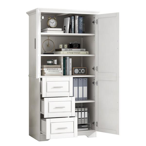 Tall and Wide Storage Cabinet with Doors for Bathroom/Office, Three Drawers, White