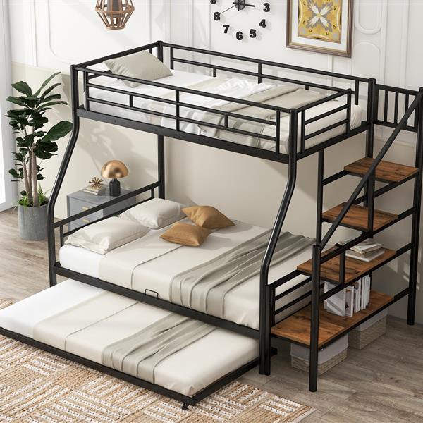 Twin over Full Size Metal Bunk Bed with Trundle and Storage Staircase, Black