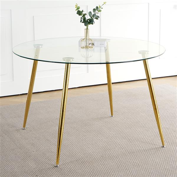 Modern simple glass table, high-quality tempered glass metal material, ld-plated table legs, suitable for restaurant kitchen (set of 1)