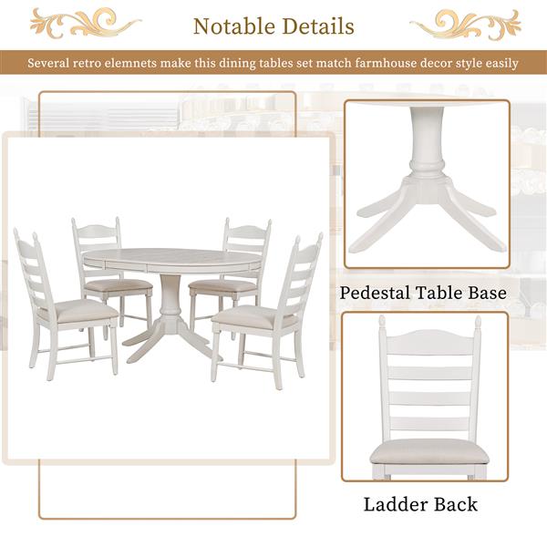 5-Piece Retro Functional Dining Table Set Wood Round Extendable Dining Table and 4 Upholstered Dining Chairs (Antique White)