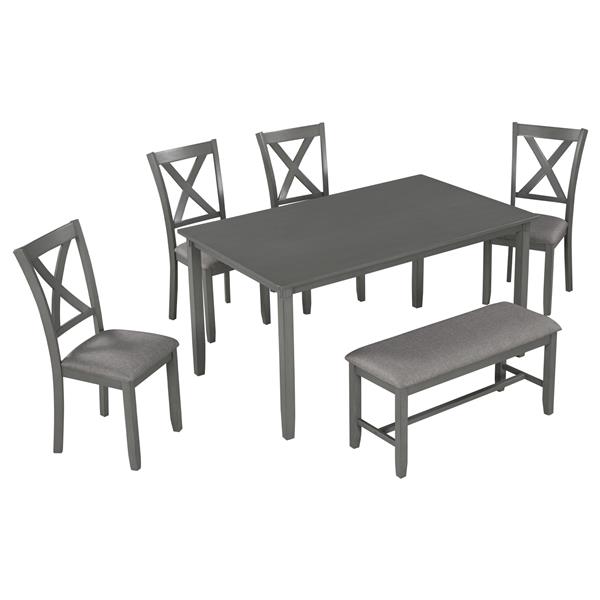 6-Piece Kitchen Dining Table Set Wooden Rectangular Dining Table, 4 Fabric Chairs and Bench Family Furniture (Gray)