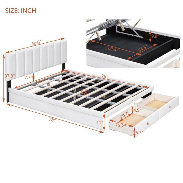 Full Size Upholstered Bed with Hydraulic Storage System and Drawer, White