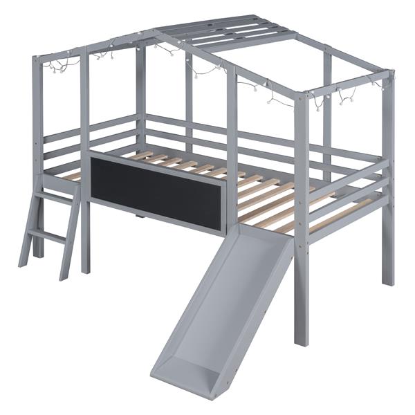 Twin Size Loft Bed with Ladder and Slide, House Bed with Blackboard and Light Strip on the Roof, Gray