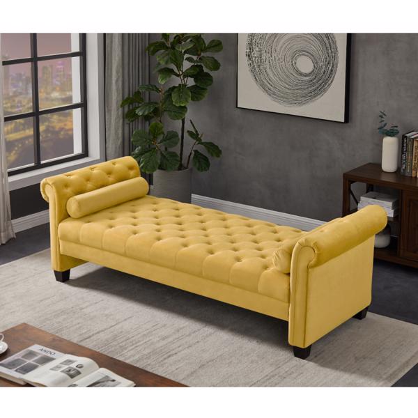 Yellow, Solid Wood Legs Velvet Rectangular Sofa Bench with Attached Cylindrical Pillows 