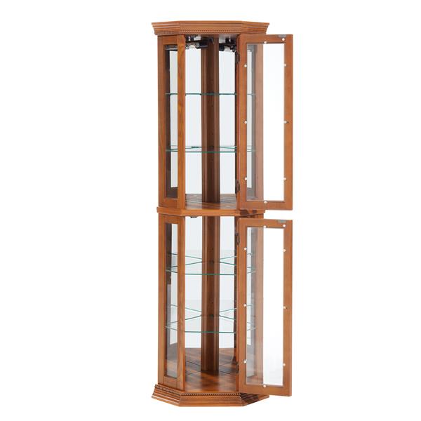 Corner Curio Cabinet Lighted Corner Display, Glass Display Shelf Shelving Bar cabinet with Tempered Glass Door, Bar Cabinet,Cabinet with Adjustable Shelf Glass Cabinet Shelves Bead Bulb Included OAK