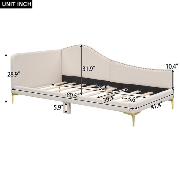 Twin Size Upholstered Daybed with Headboard and Armrest, Support Legs, Beige