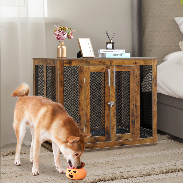 Furniture Dog Crate with Tray for Large Dogs, Indoor Aesthetic Puppy Kennel Pet House Dog Cage with Door, Modern Decorative Wood Pretty Cute Fancy End Side Table Nightstand, Rustic Brown