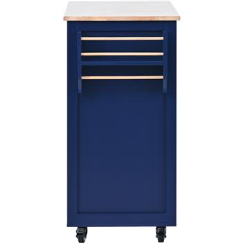 Kitchen Cart with Rubber Wood Countertop , Kitchen Island has 8 Handle-Free Drawers Including a Flatware Organizer and 5 Wheels for Kitchen Dinning Room, Dark Blue