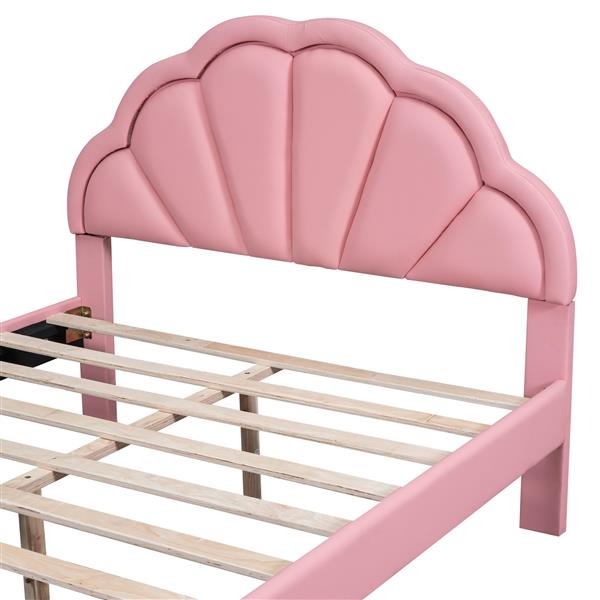 Full Size Upholstered Platform Bed with Seashell Shaped Headboard, LED and 2 Drawers, Pink