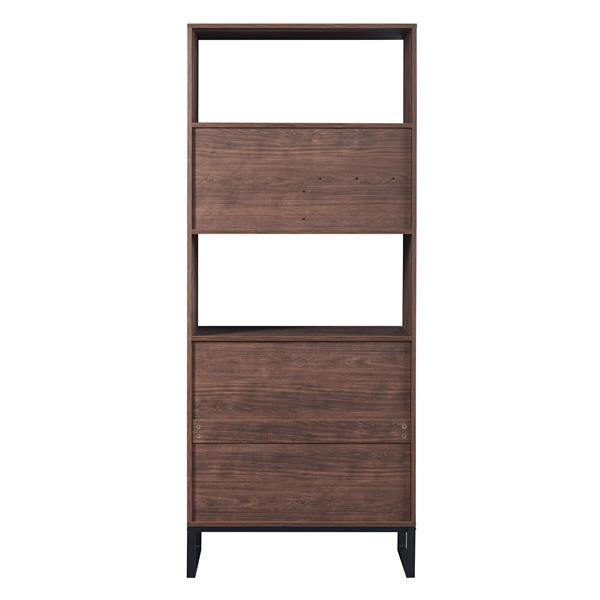 75.9"Modern Open Bookshelf with Doors, Bookcase with Storage drawer and LED Strip Lights,Free Standing Display Rack,Wooden Tall Bookshelf for Living Room and Office, Walnut