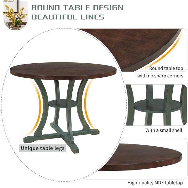 5-Piece Round Dining Table and 4 Fabric Chairs with Special-shaped Table Legs and Storage Shelf (Antique Blue/ Dark Brown)