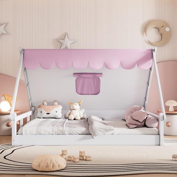 Wooden Full Size Tent Bed with Fabric for Kids,Platform Bed with Fence and Roof, White+Pink