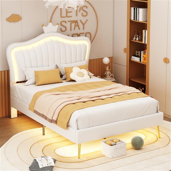 Full Size Upholstered Bed Frame with LED Lights,Modern Upholstered Princess Bed With Crown Headboard,White