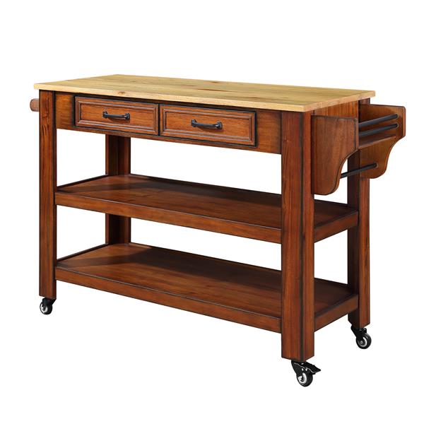 57 inch Rolling Kitchen Island with Storage,Kitchen Cart with Solid OAK Wood Top,Two-sided Kitchen island Cart on Wheels ,Wine and Spice Rack, Large Kitchen Cart with 2 Drawers, Walnut+Natural Top